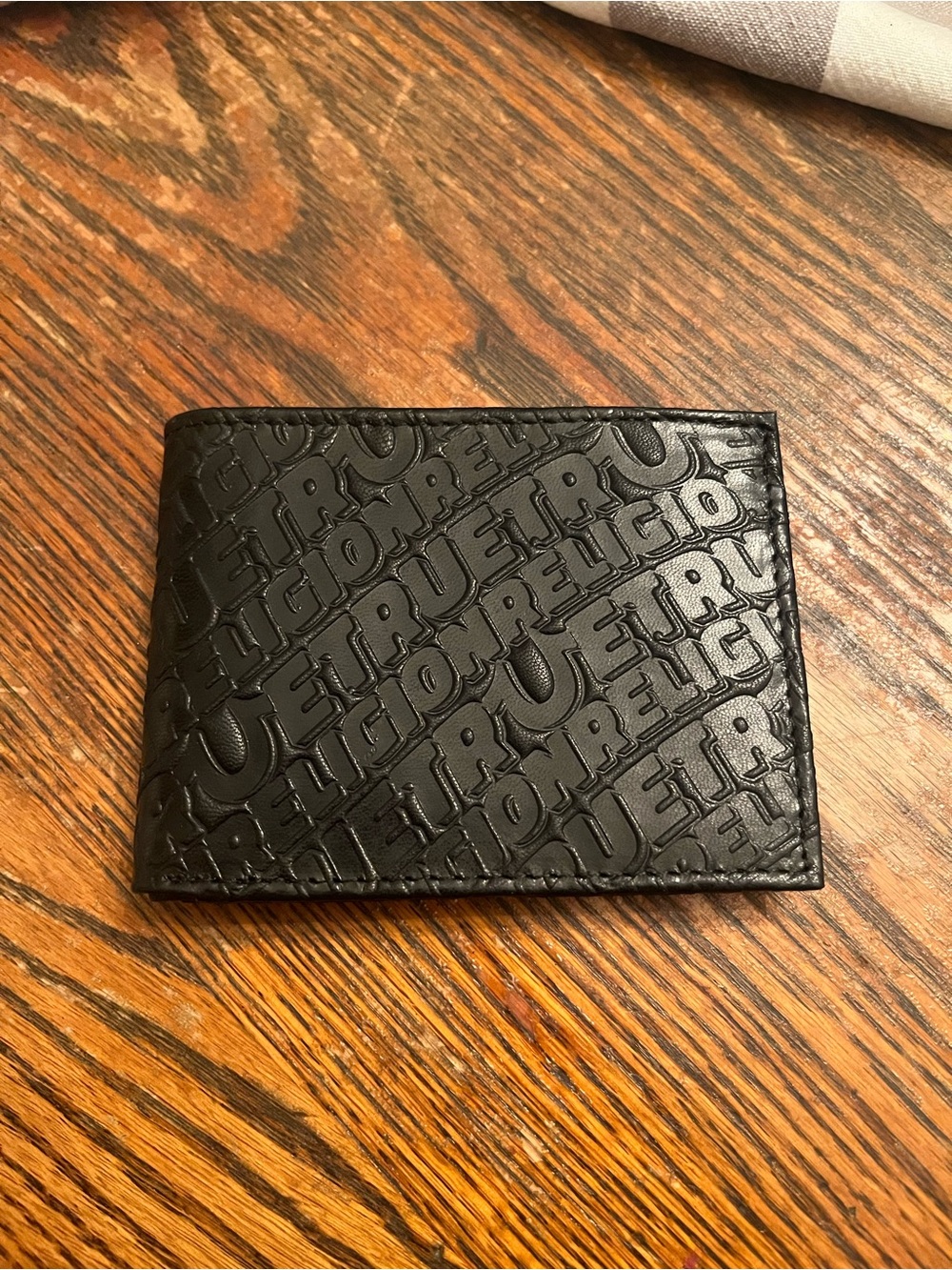True Religion Black Embossed Leather Bifold Card Holder